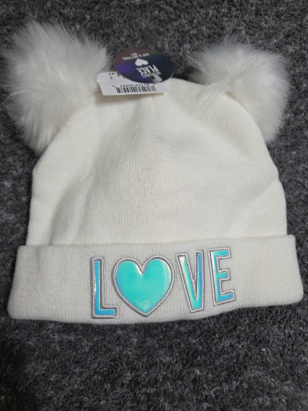 Kids White Pom Pom Beanie Hat with Turquoise Love Patch Matching Mittens